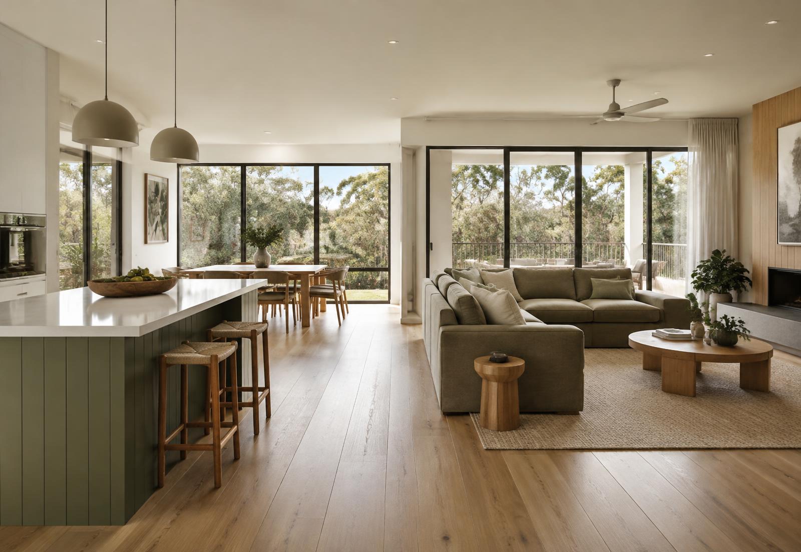 Bright, contemporary Australian home with an open-plan kitchen and living area, timber floors and views to gum trees